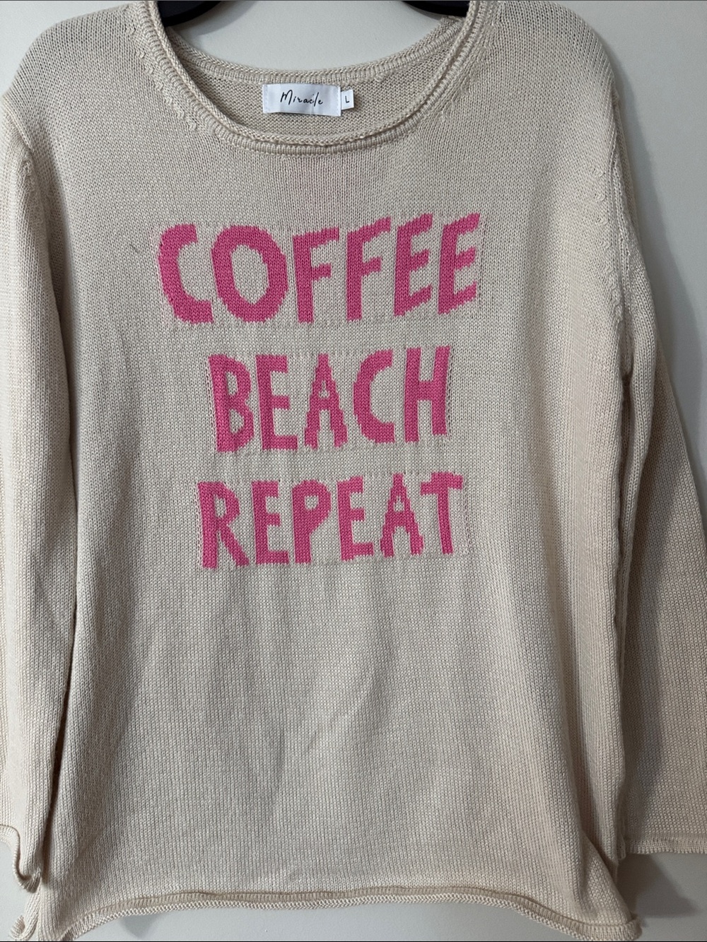Miracle Beige Knit Sweater with Pink 'COFFEE BEACH REPEAT' Graphic
